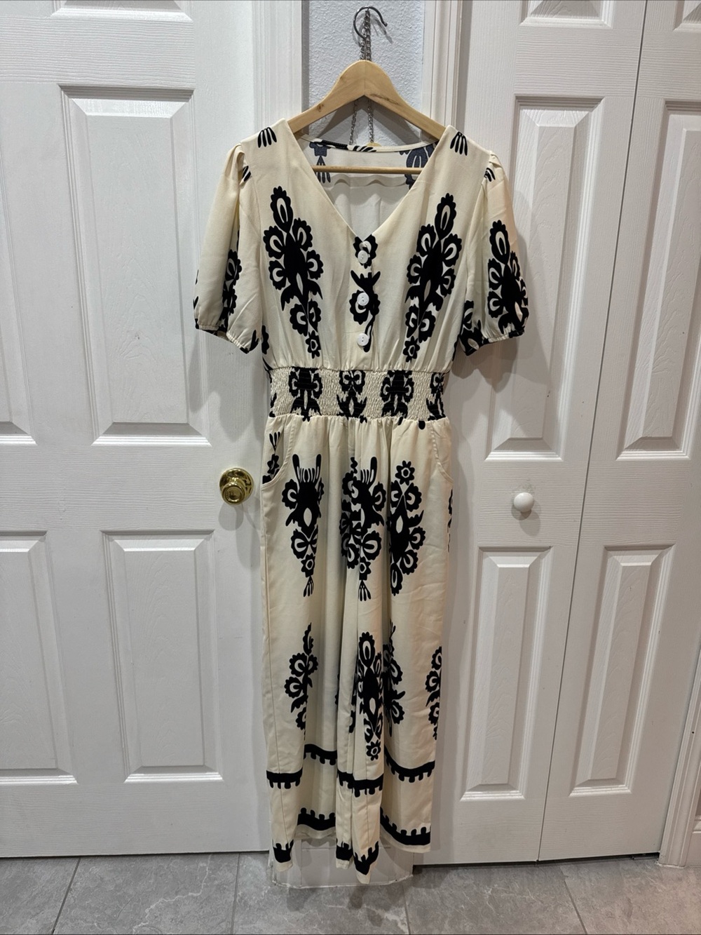 Cream & Black Embroidered V-Neck Maxi Dress